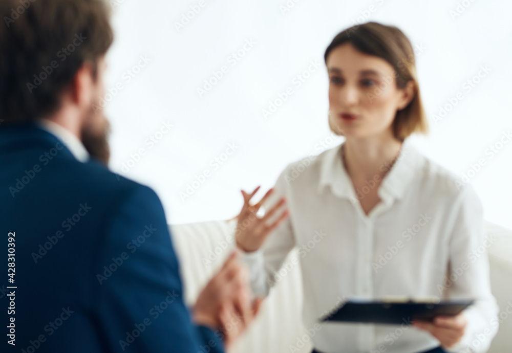 woman and man suit documents communication work woman and man suit documents communication work
