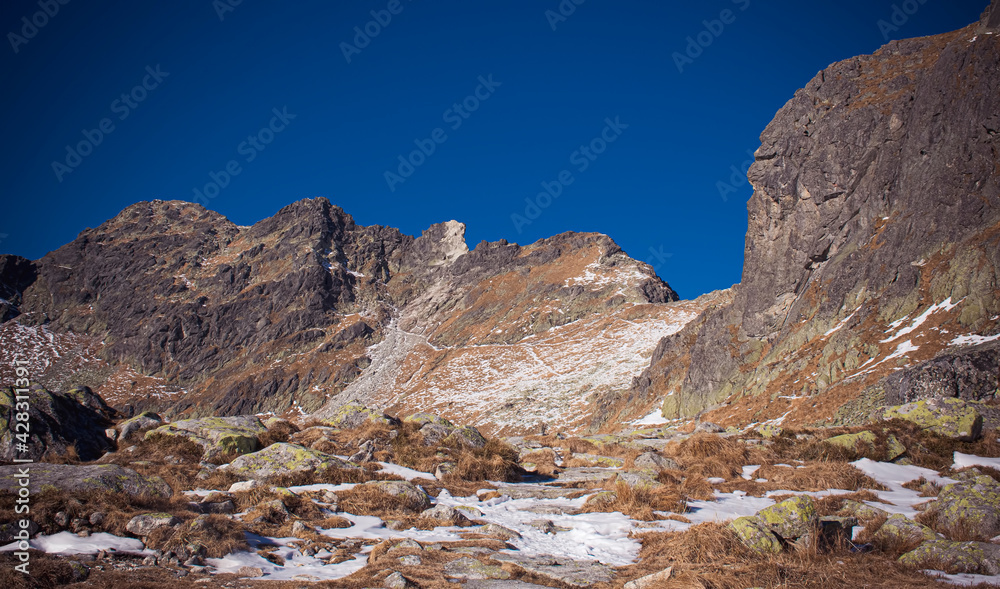 Autumnal mood on a hiking trail to Zawrat Pass, High Tatra Mountains, Poland. Withered grass and fresh snow is covering the meadow. Selective focus on the rocks, blurred background.