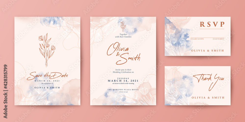 The beautiful and romantic watercolor wedding invitation set