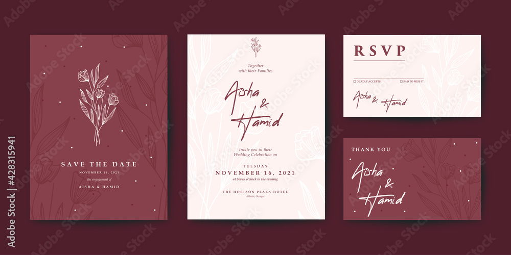 Beautiful maroon wedding invitation template set Stock Vector | Adobe Stock