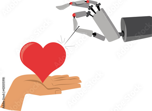 Robot hand pinching a human heart with a pin as a metaphor for dangers of internet dating, EPS 8 vector illustration