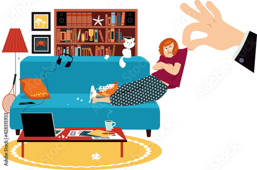 Giant hand pulling a reluctant woman off the couch where she was working from home, EPS 8 vector illustration
