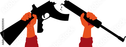 Human hands breaking an automatic rifle apart, EPS 8 vector illustration photo
