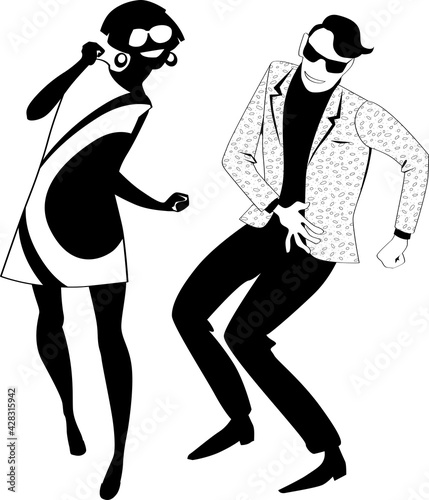 Young couple dressed in 1960s mod fashion dancing the twist, EPS 8 vector silhouette, no white objects
