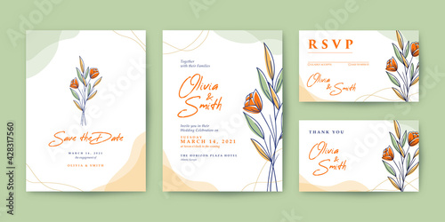 Beautiful wedding invitation set with colorful flower