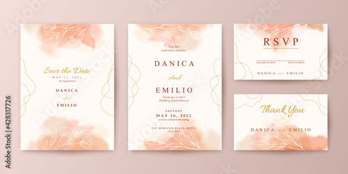 Romantic wedding invitation set with watercolor background