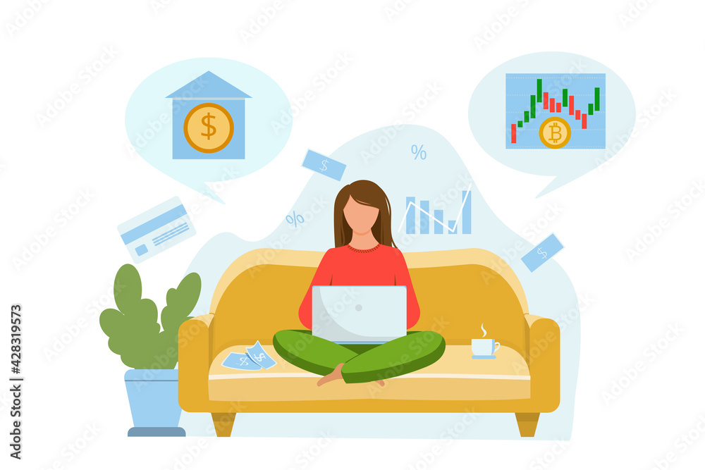 The girl sits on the couch and thinks about where to invest the money. Invest money in a bank or in cryptocurrency Vector flat illustration
