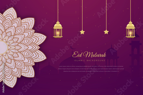 Crescent Islamic with mosque for Ramadan Kareem and eid mubarak. Golden Half Moon pattern,mandala background.vector illustration photo