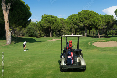 Golf cart with golf clubs on a green professional golf field