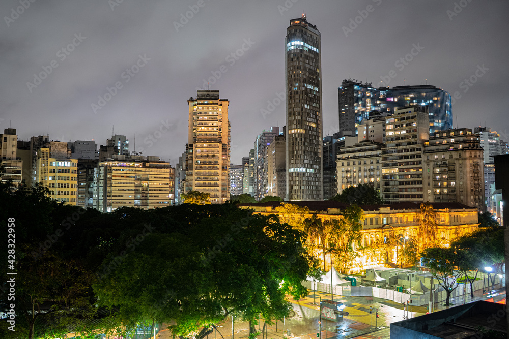 São Paulo city center at night. The region of República square and the amazing lights of the skyscrapers. Praça da República, Copan e edifício Itália.