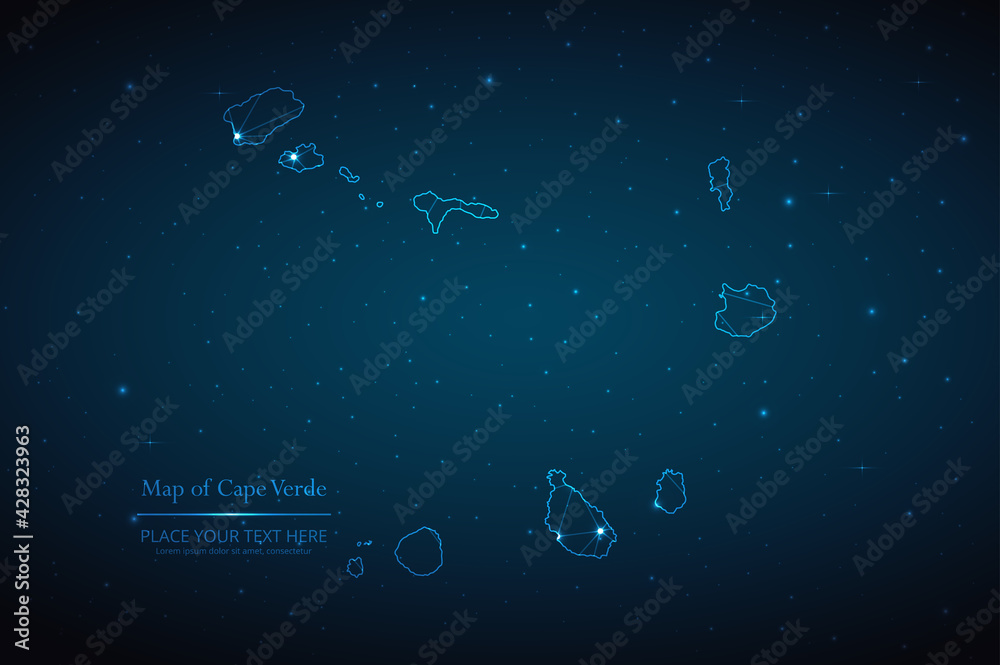 Fototapeta premium Abstract map of Cape Verde geometric mesh polygonal network line, structure and point scales on dark background. Vector illustration eps 10