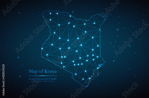 Abstract map of Kenya geometric mesh polygonal network line, structure and point scales on dark background. Vector illustration eps 10