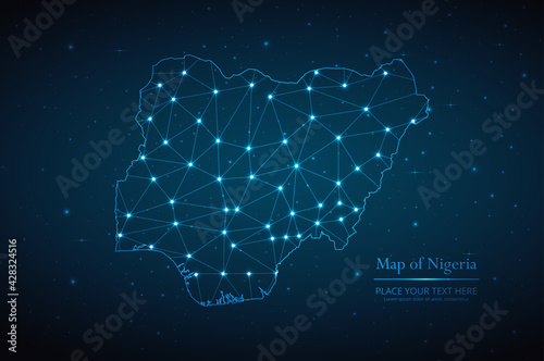 Abstract map of Nigeria geometric mesh polygonal network line, structure and point scales on dark background. Vector illustration eps 10