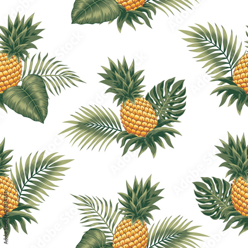 Seamless tropical vector pattern with exotic palm leaves and pineapples isolated on white background.