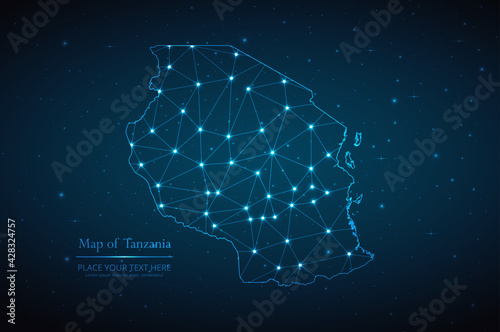 Abstract map of Tanzania geometric mesh polygonal network line, structure and point scales on dark background. Vector illustration eps 10
