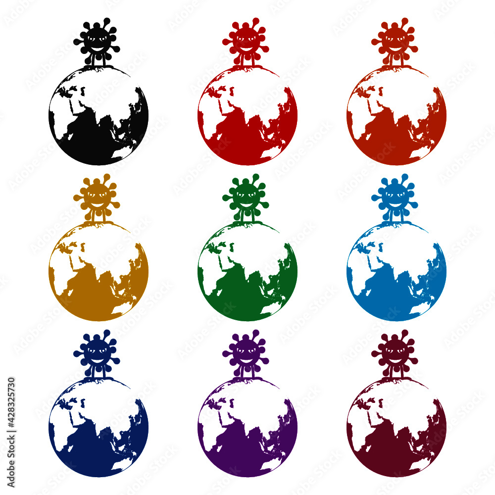 Coronavirus caricature stands on a planet icon isolated on white background color set Coronavirus caricature stands on a planet icon isolated on white background color set