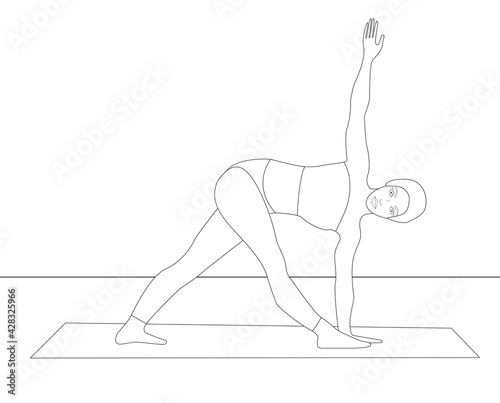 Young woman doing yoga one stroke drawing  coloring book page  asana  simple vector illustration