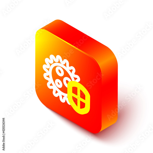 Isometric line Shield protecting from virus, germs and bacteria icon isolated on white background. Immune system concept. Corona virus 2019-nCoV. Orange square button. Vector Illustration