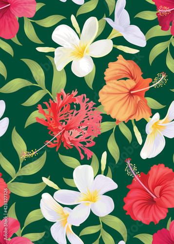 Seamless pattern of hibiscus flower and plumeria background template. Vector set of floral element for wedding invitations, greeting card, brochure, banners and fashion design.