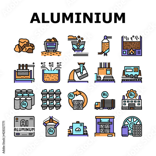 Aluminium Production Collection Icons Set Vector. Processing Of Aluminium Production And Factory, Pressing And Manufacture, Transportation And Carrying Concept Linear Pictograms. Contour Illustrations