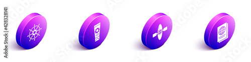 Set Isometric Ship steering wheel, Sunscreen cream in tube, Kayak or canoe and Passport icon. Vector