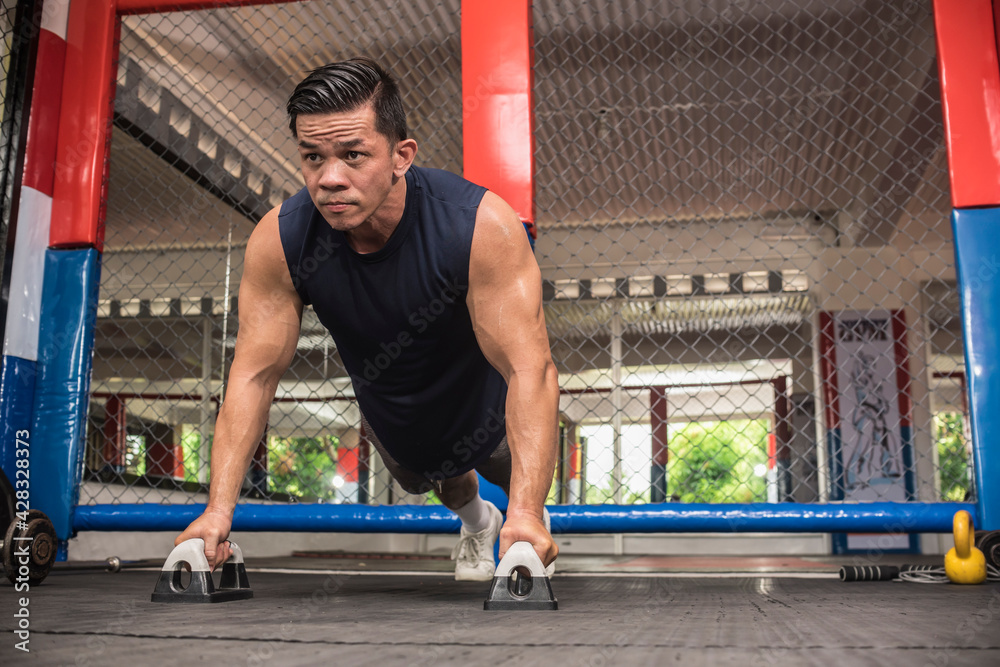 Fotografia do Stock: A fit asian man does standard push ups with push-up  bars at a MMA gym. Body weight calisthenics or HIIT workout. Training  chest, shoulders, core and triceps. | Adobe