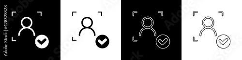 Set Face recognition with check mark icon isolated on black and white background. Face identification scanner icon. Facial id. Cyber security concept. Vector