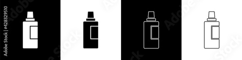 Set Plastic bottle for laundry detergent, bleach, dishwashing liquid or another cleaning agent icon isolated on black and white background. Vector