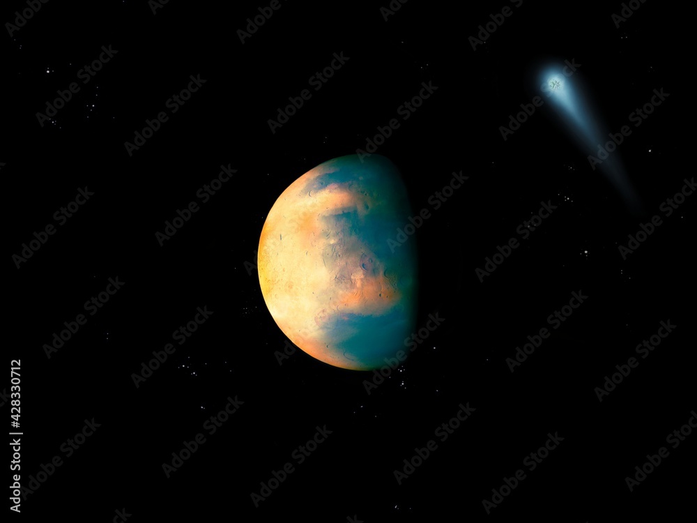 super-earth planet with a big comet, realistic exoplanet, earth-like planet in space, planets background 3d illustration