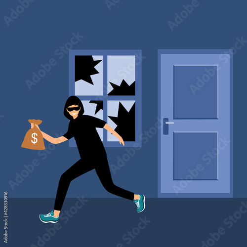 Robber or thief broke the window glass and holding money bag in flat design. Home burglar.