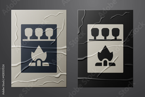 White Open matchbox and matches icon isolated on crumpled paper background. Paper art style. Vector