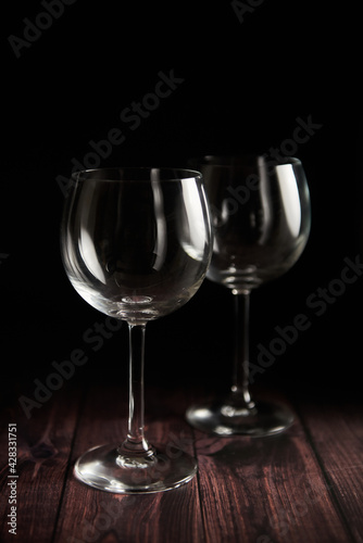 Clear glass, wine glass on the wooden table