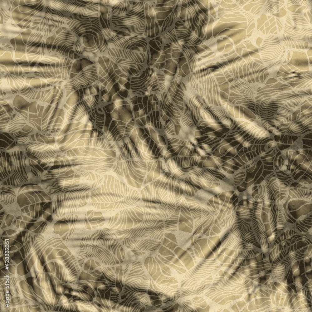 Seamless abstract print of botanical leaf shadows over abstract surface design. High quality illustration. Tropical palm leaves showing in the negative space between sunlight rays overlaid on design. Seamless abstract print of botanical leaf shadows over abstract surface design. High quality illustration. Tropical palm leaves showing in the negative space between sunlight rays overlaid on design.