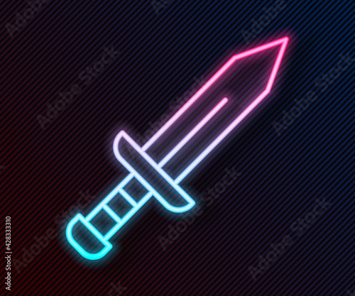 Glowing neon line Sword icon isolated on black background. Medieval weapon. Vector