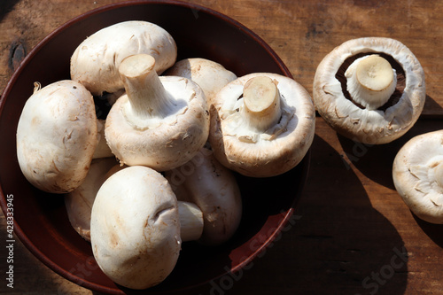 Raw champignon mushrooms in brown ceramic bowl on wooden table background. Top view, copy space. Hard light, shadow 
