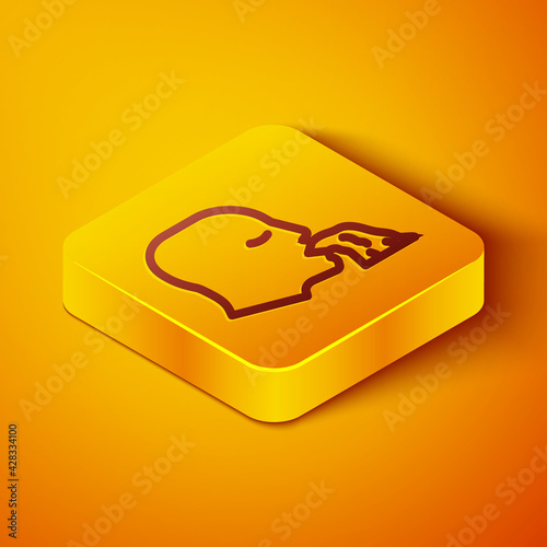 Isometric line Vomiting man icon isolated on orange background. Symptom of disease, problem with health. Nausea, food poisoning, alcohol poisoning concept. Yellow square button. Vector