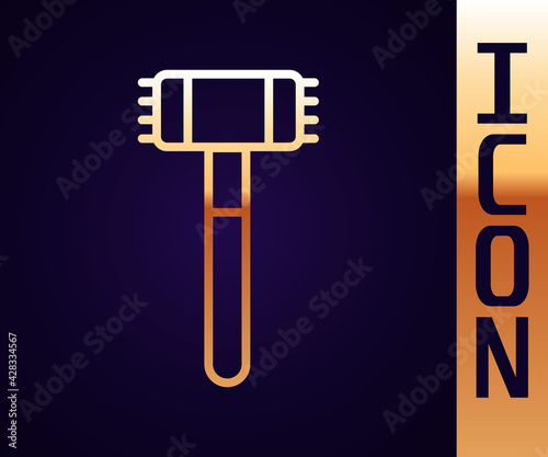 Gold line Kitchen hammer icon isolated on black background. Meat hammer. Vector