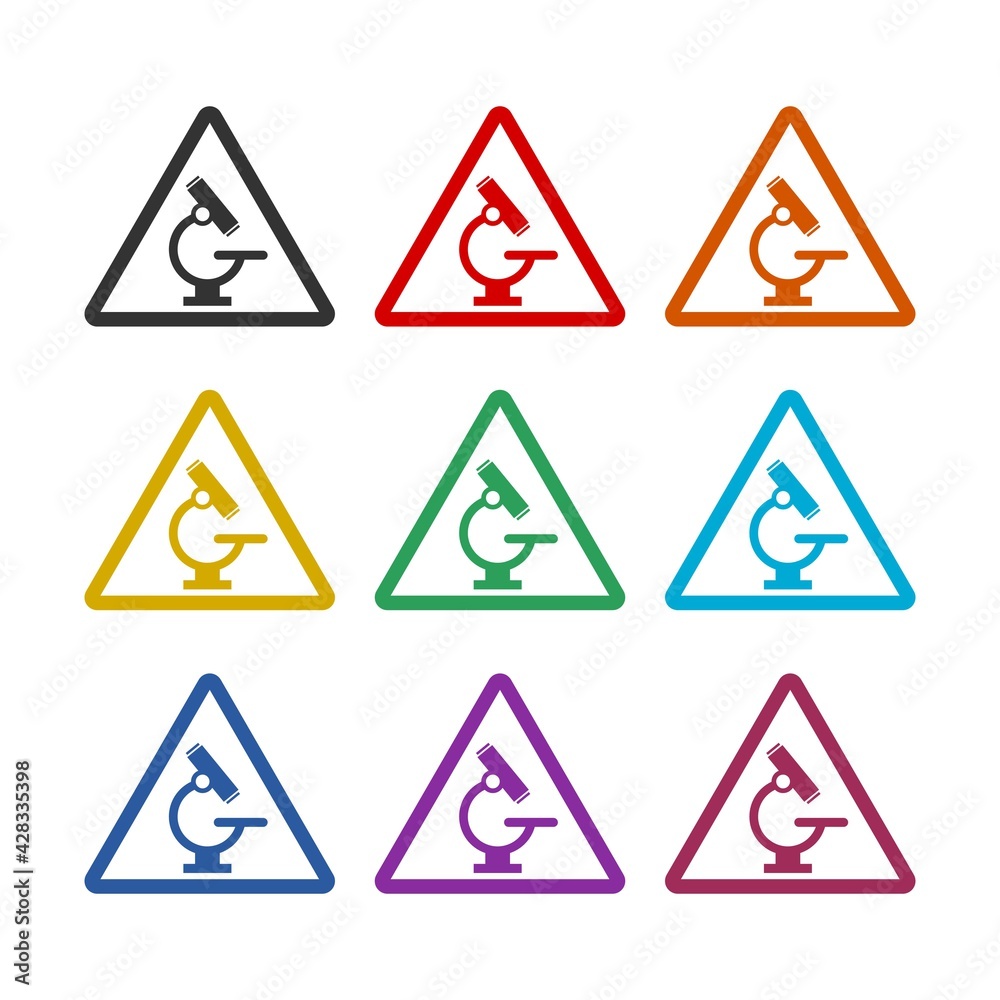 Microscope flat warning sign isolated on white background color set