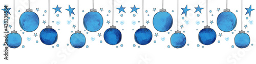 Hängende Christbaumkugeln Aquarell mit Sternen in blau, Handzeichnung, Vektor, Illustration