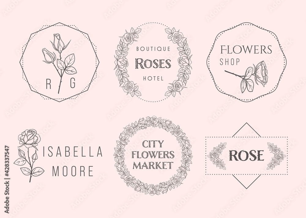 Luxury flower rose logos set in trendy linear style. Hand drawn modern minimalistic and floral templates for invitation cards, feminine logos, website design or brand identity