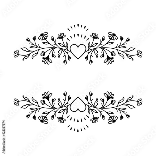 Floral border frame, Wildflowers and hearts, Floral wreath, Vector Flower split monogram
