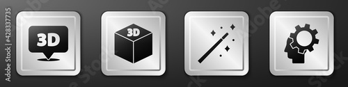 Set Speech bubble with text 3D, Isometric cube, Magic wand and Human head with gear inside icon. Silver square button. Vector