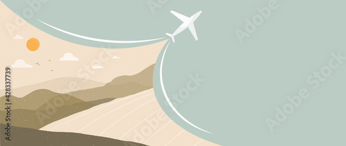 Abstract banner with an empty space for a travel agency and websites for selling airline tickets in the style of boho. Horizontal banner. Earthy tones, pastel tones