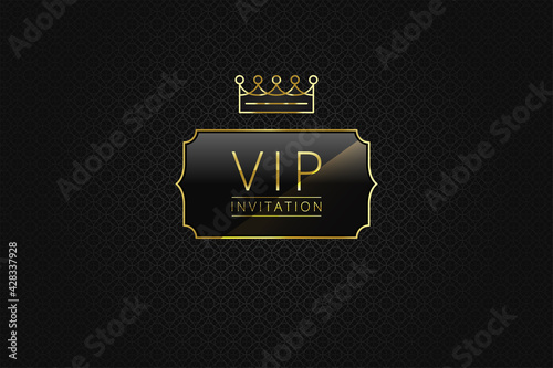 VIP banner design template. Glass badge with golden frame and crown on a black pattern background. Luxury premium design. Vector illustration