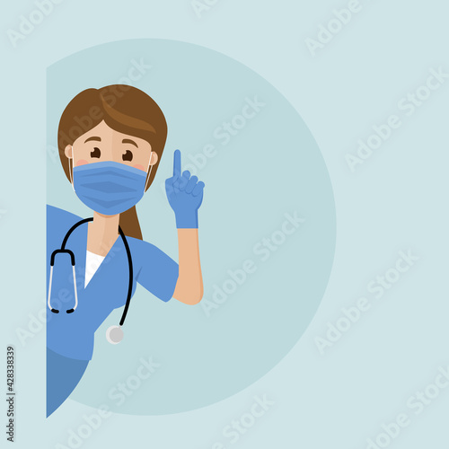 A nurse peeks around the corner with a raised finger. Nurse calls for attention.