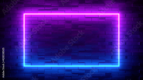 Neon sign on a brick wall. Glowing purple rectangle. Abstract background, spectrum vibrant colors. 3d render illustration.