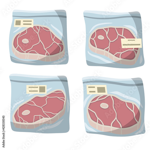 Packaging of frozen red meat. ham in bag. Cartoon flat illustration. Supermarket products. Cold object