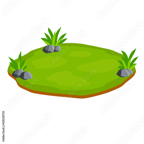 Landscape with grass, stones. Element of nature and forests. Background for illustration. Lawn, sward and greensward. Flat cartoon. Platform and ground