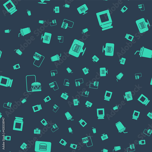 Set Online ordering burger delivery, and, and Paper glass with water on seamless pattern. Vector