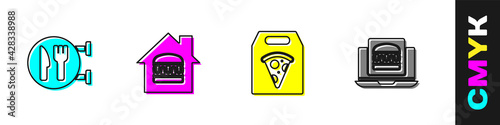 Set Cafe and restaurant location, Online ordering delivery, pizza and burger icon. Vector